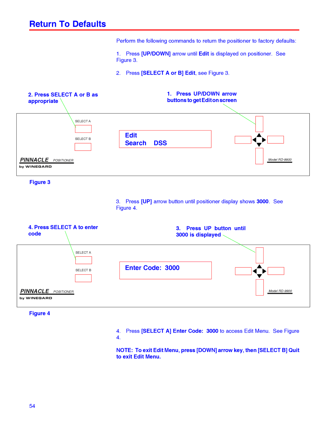 Winegard RD-9946 installation manual Return To Defaults, Press Select a or B as appropriate 