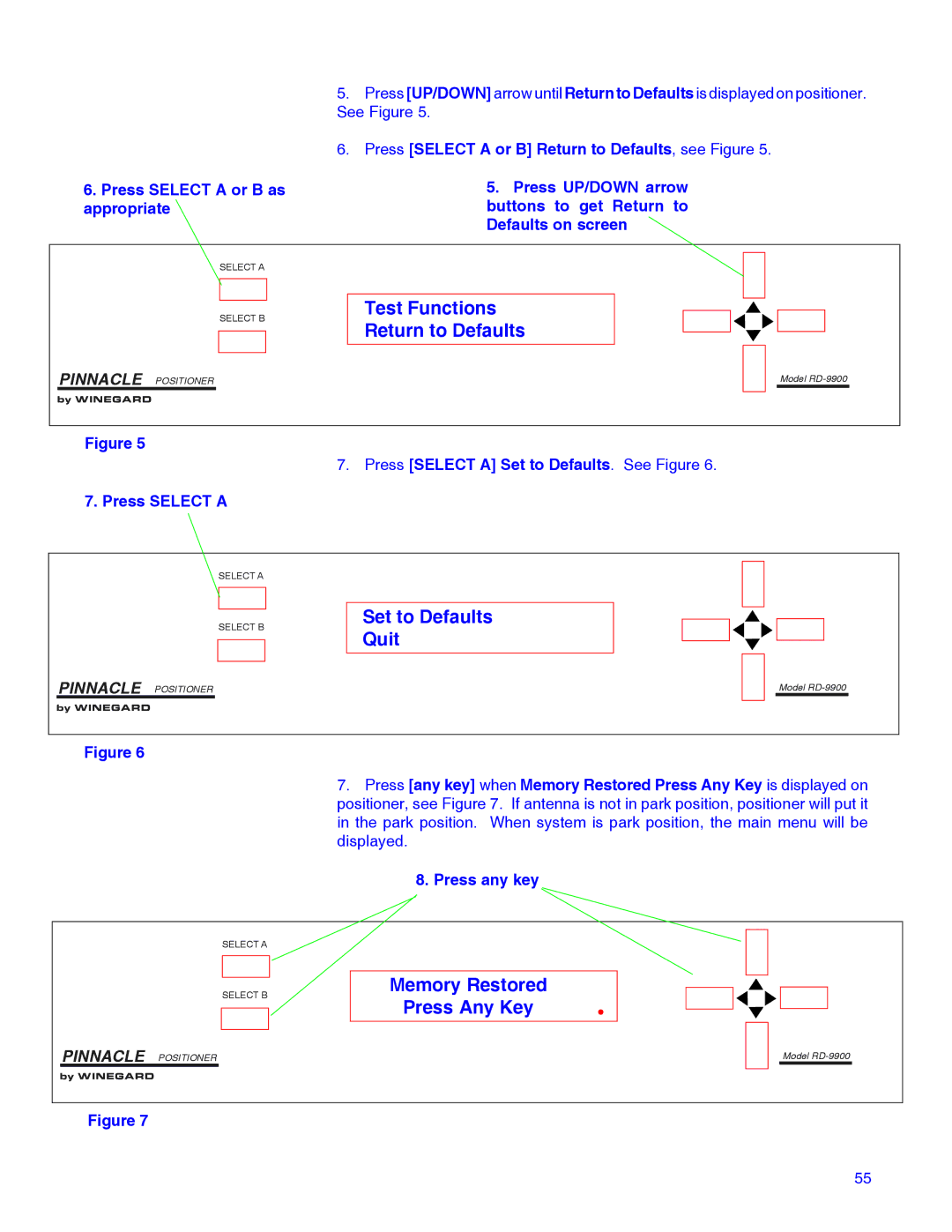 Winegard RD-9946 installation manual Test Functions Return to Defaults, Set to Defaults Quit, Memory Restored Press Any Key 