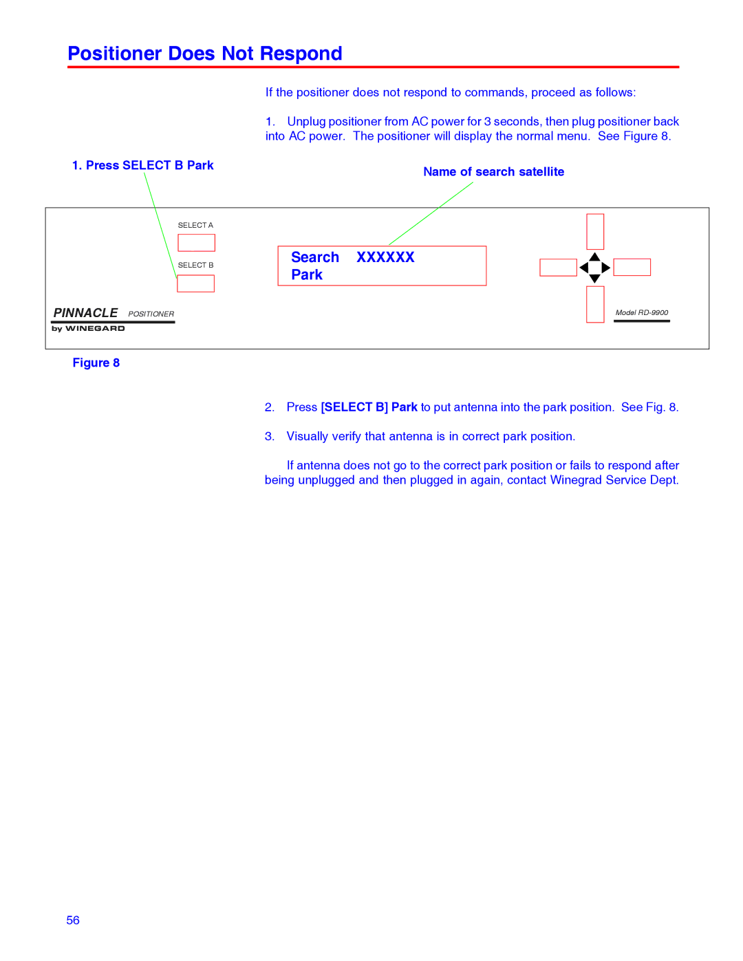 Winegard RD-9946 Positioner Does Not Respond, Search Xxxxxx Park, Press Select B Park Name of search satellite 