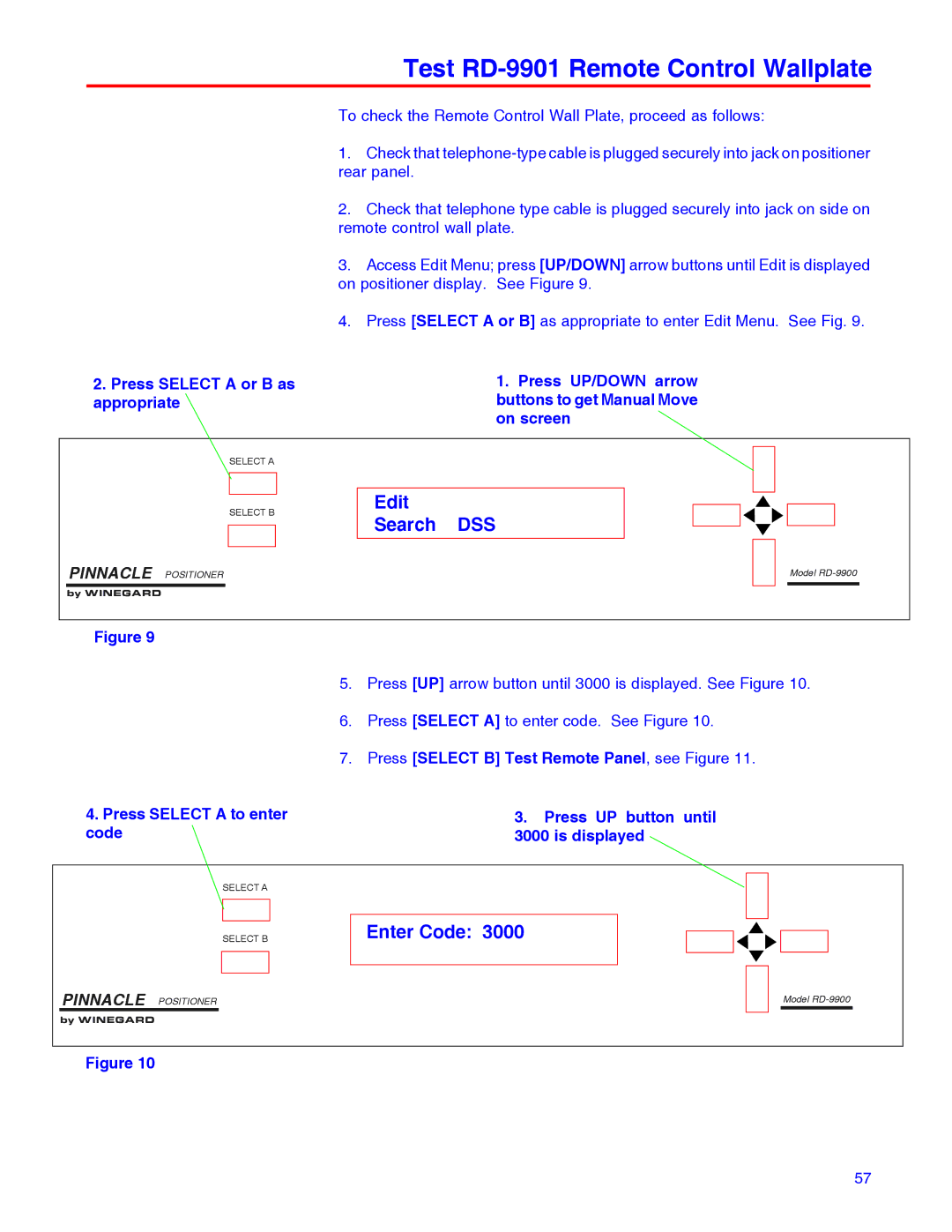 Winegard RD-9946 Test RD-9901 Remote Control Wallplate, Press UP/DOWN arrow buttons to get Manual Move on screen 