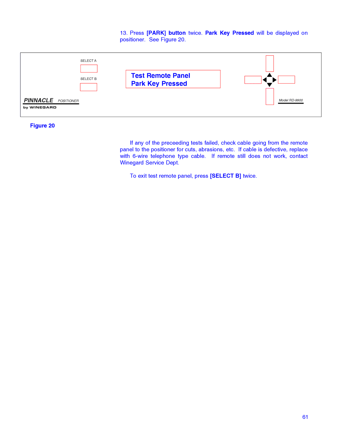 Winegard RD-9946 installation manual Test Remote Panel Park Key Pressed 