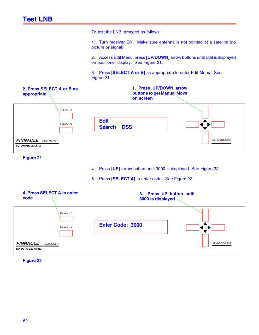 Winegard RD-9946 installation manual Test LNB, Press Select a or B as appropriate 