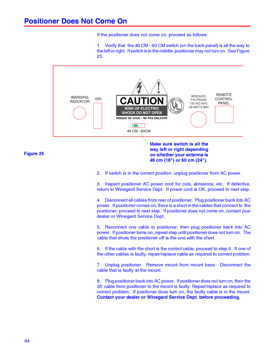 Winegard RD-9946 installation manual Positioner Does Not Come On, Make sure switch is all Way left or right depending 