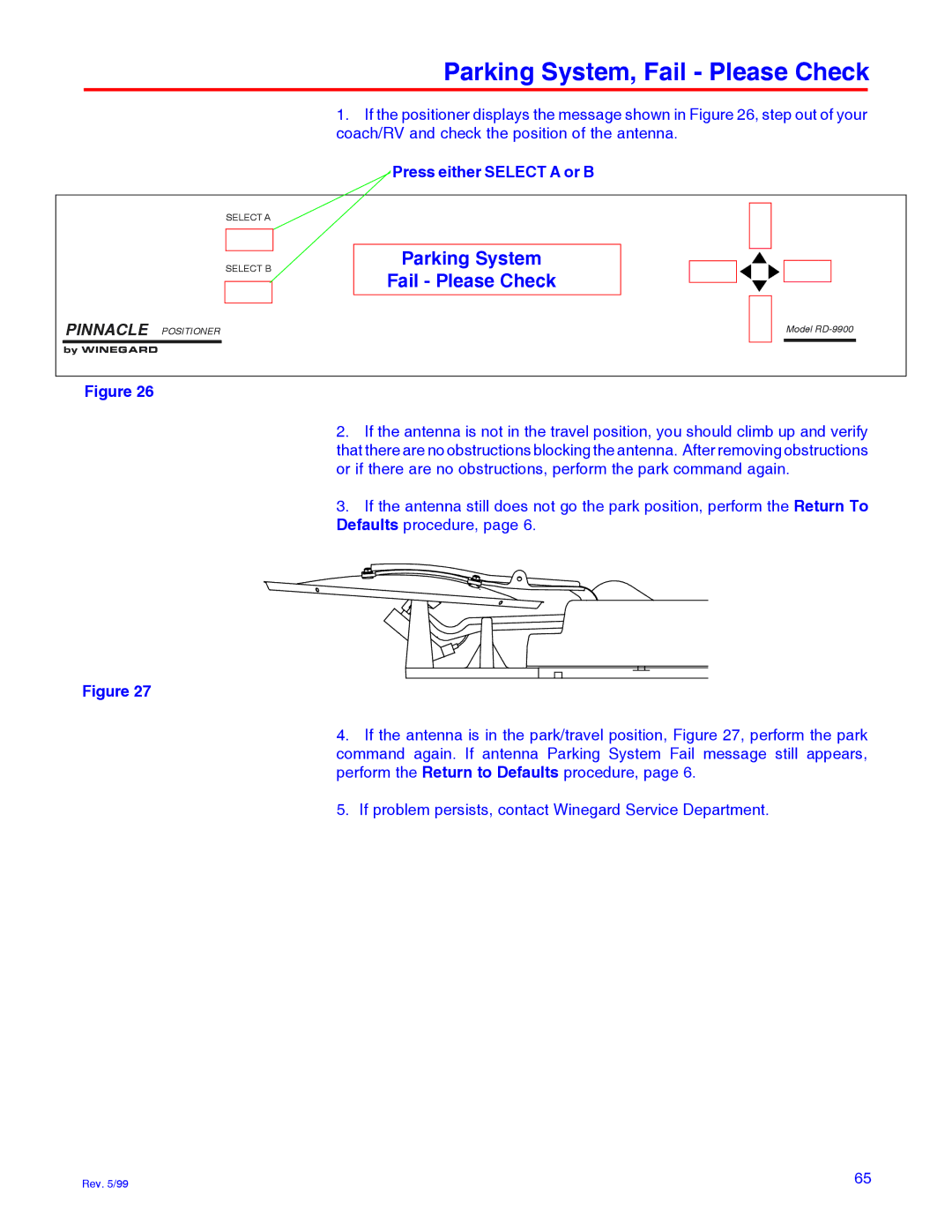 Winegard RD-9946 Parking System, Fail Please Check, Parking System Fail Please Check, Press either Select a or B 