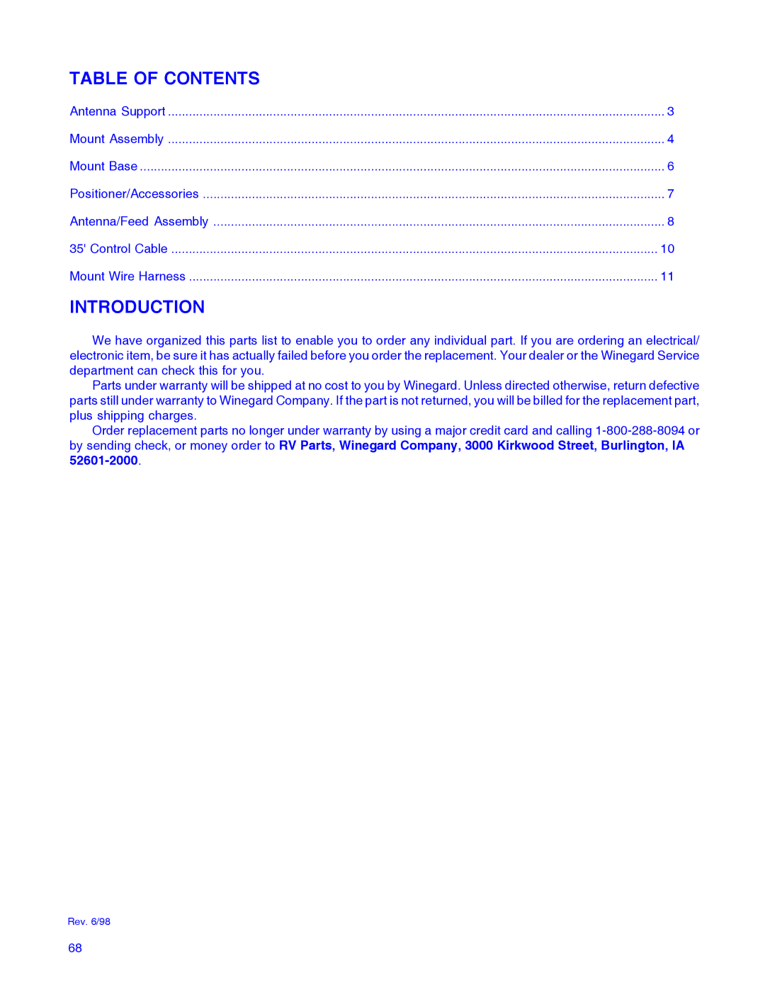 Winegard RD-9946 installation manual Table of Contents 