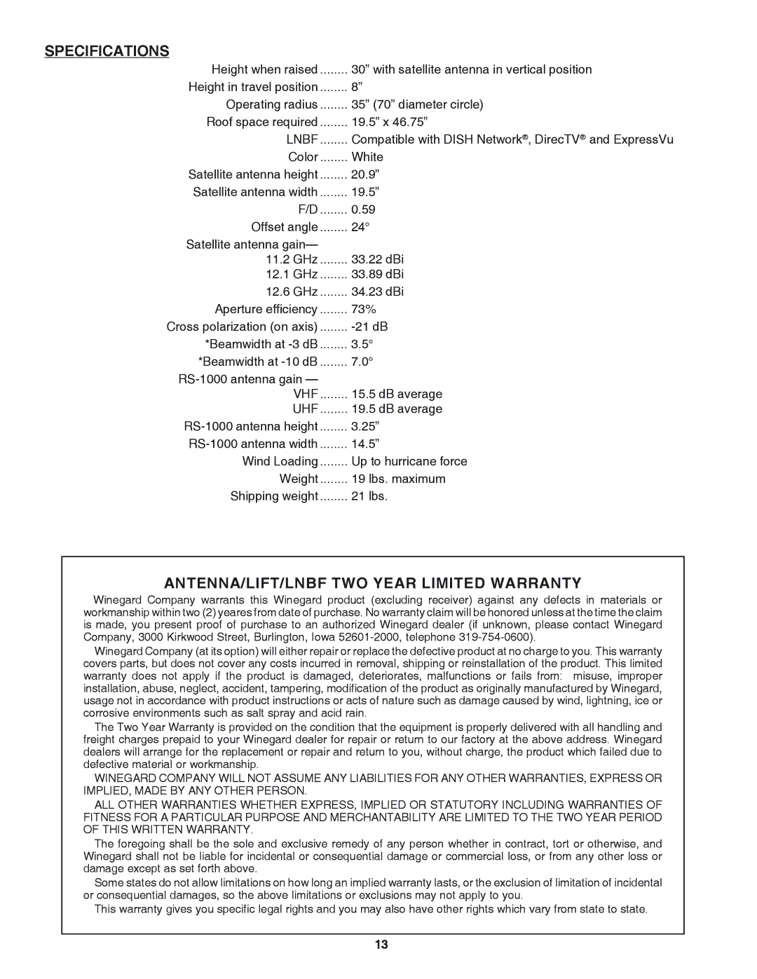 Winegard rm-4610 owner manual Specifications, ANTENNA/LIFT/LNBF TWO Year Limited Warranty 