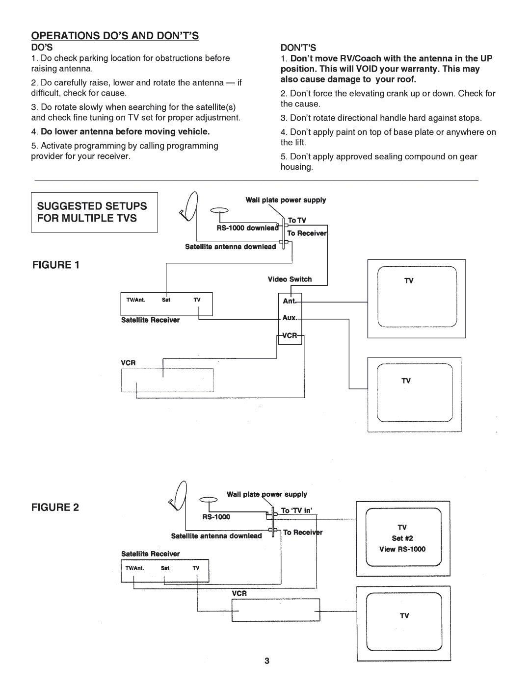 Winegard rm-4610 owner manual Operations DO’S and DON’T’S, Suggested Setups for Multiple TVS, Do’S, Don’T’S 