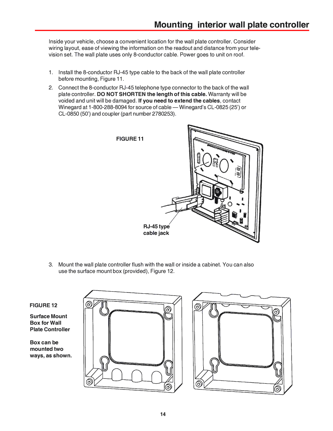 Winegard RM-9946, RM-9947 operation manual Mounting interior wall plate controller, RJ-45 type cable jack 