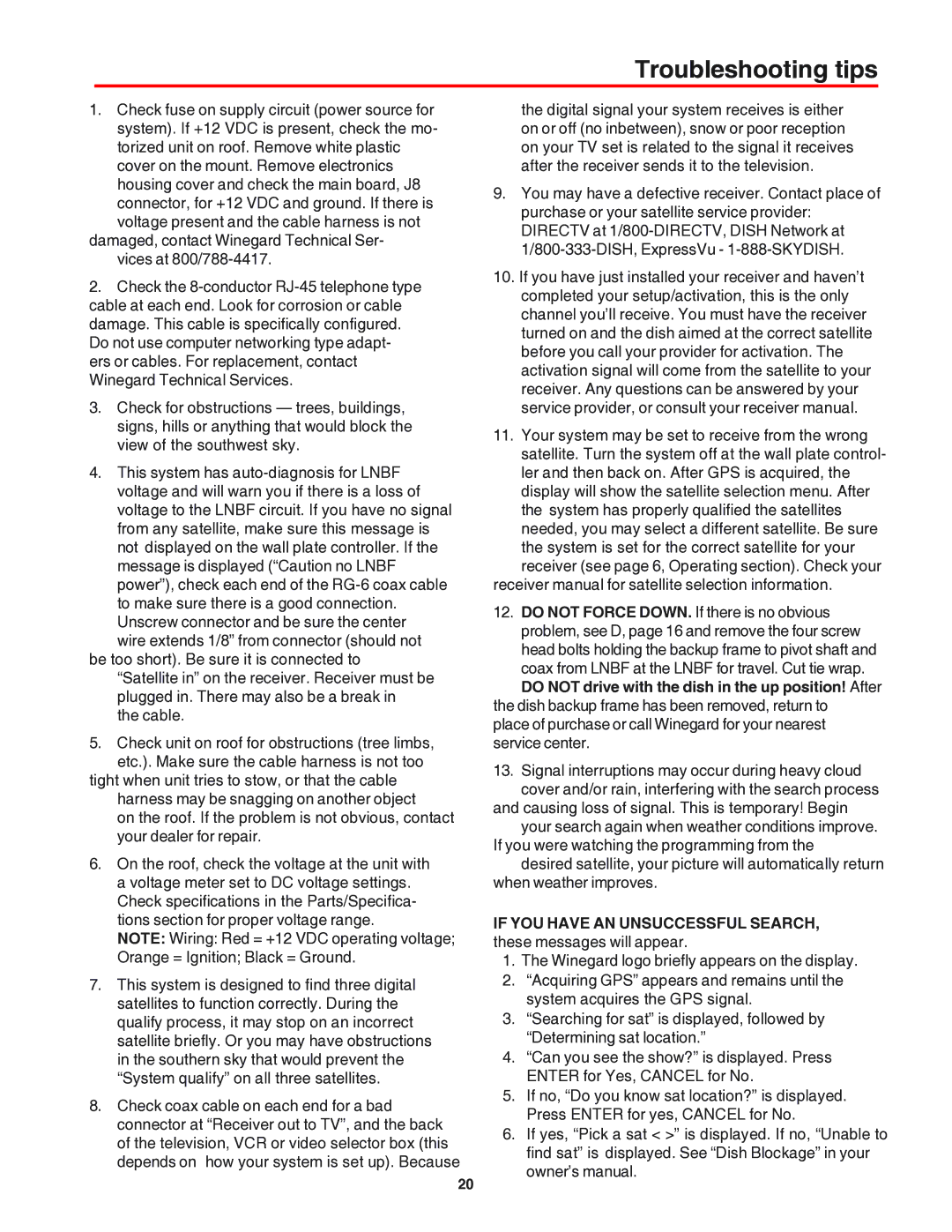 Winegard RM-9946, RM-9947 operation manual Troubleshooting tips 