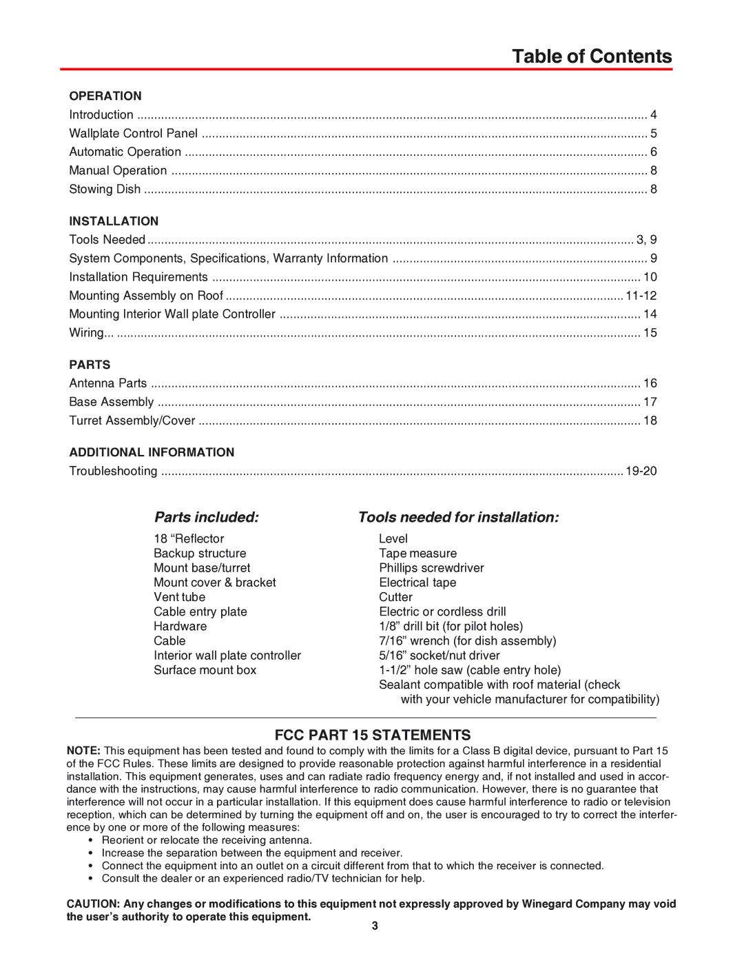 Winegard RM-9947, RM-9946 operation manual Table of Contents 