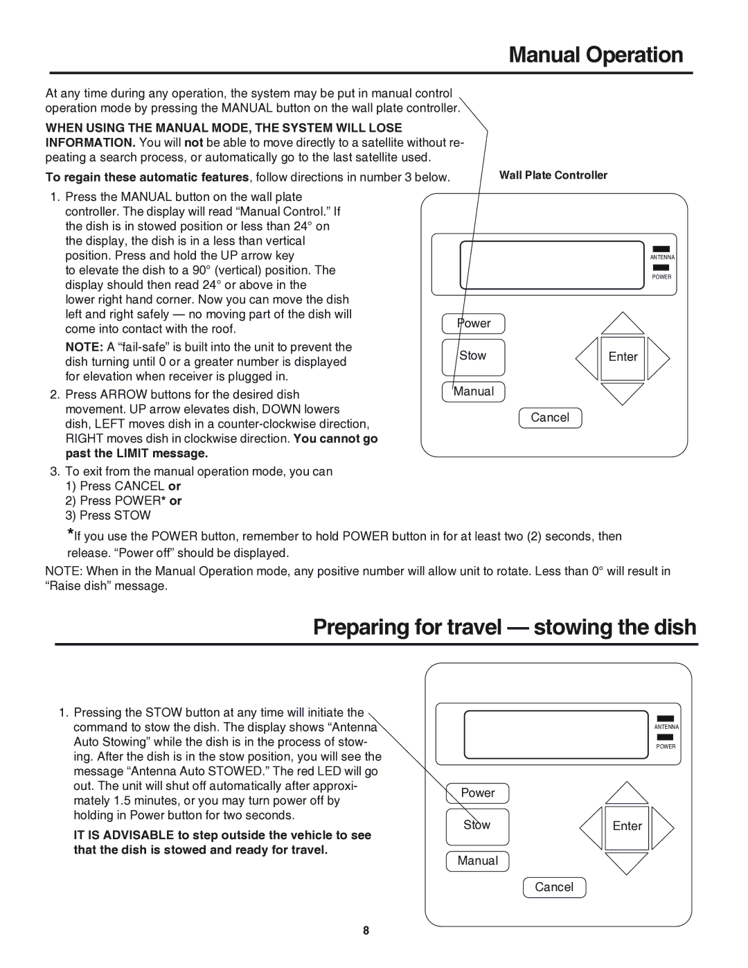 Winegard RM-9946, RM-9947 operation manual Manual Operation, Past the Limit message 