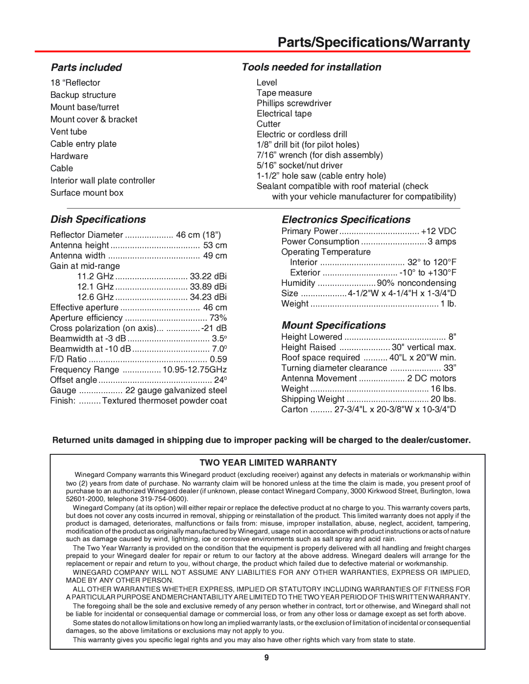 Winegard RM-9947, RM-9946 operation manual Parts/Specifications/Warranty, TWO Year Limited Warranty 