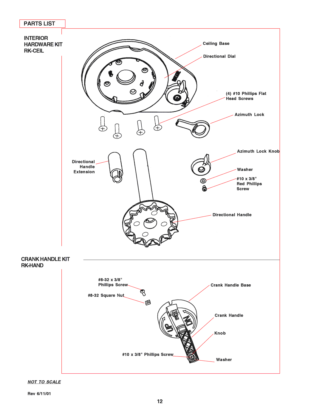 Winegard RM-DM61/DM55 owner manual Parts List, Interior, Hardware KIT, Rk-Ceil, Crank Handle KIT RK-HAND 