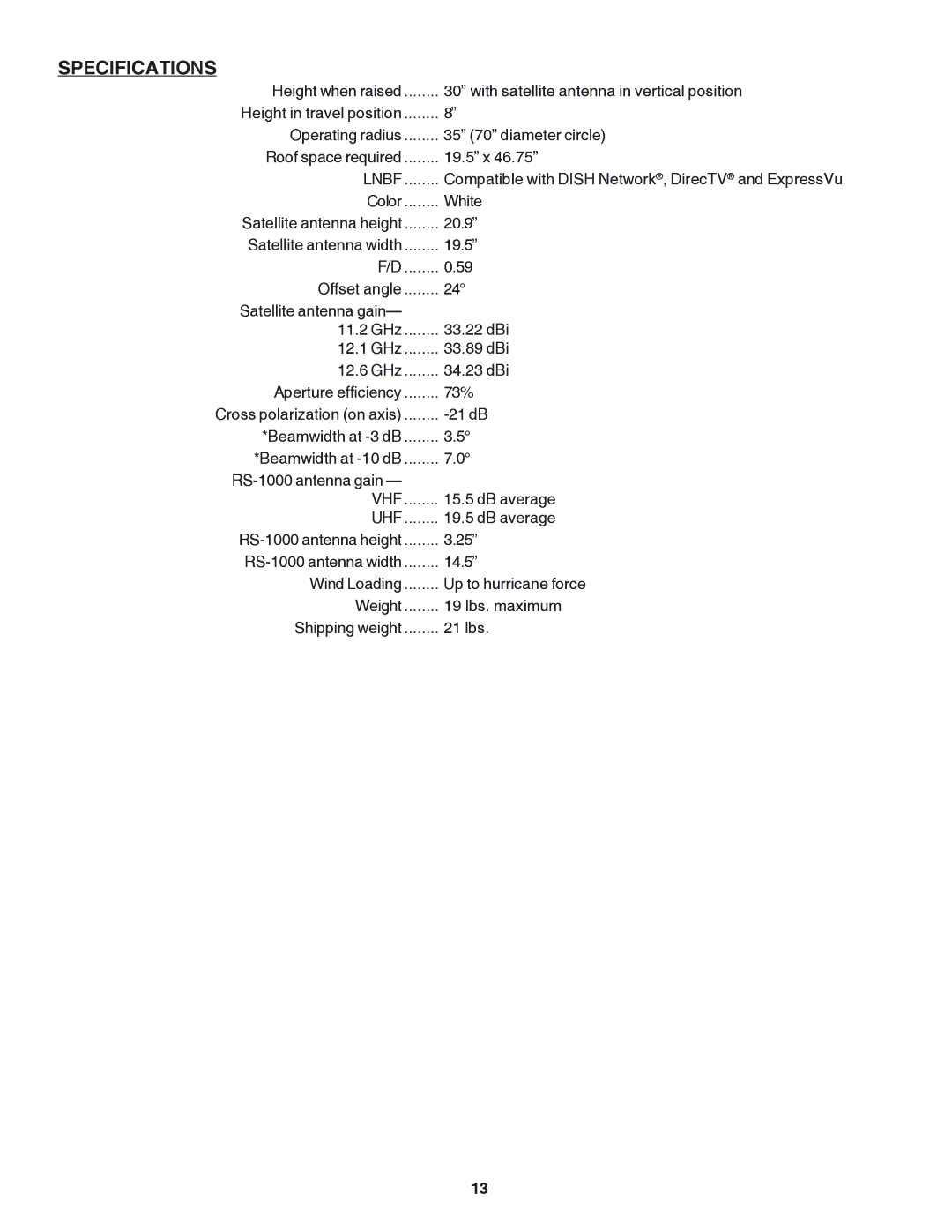 Winegard RM-DM61/DM55 owner manual Specifications, Lnbf 