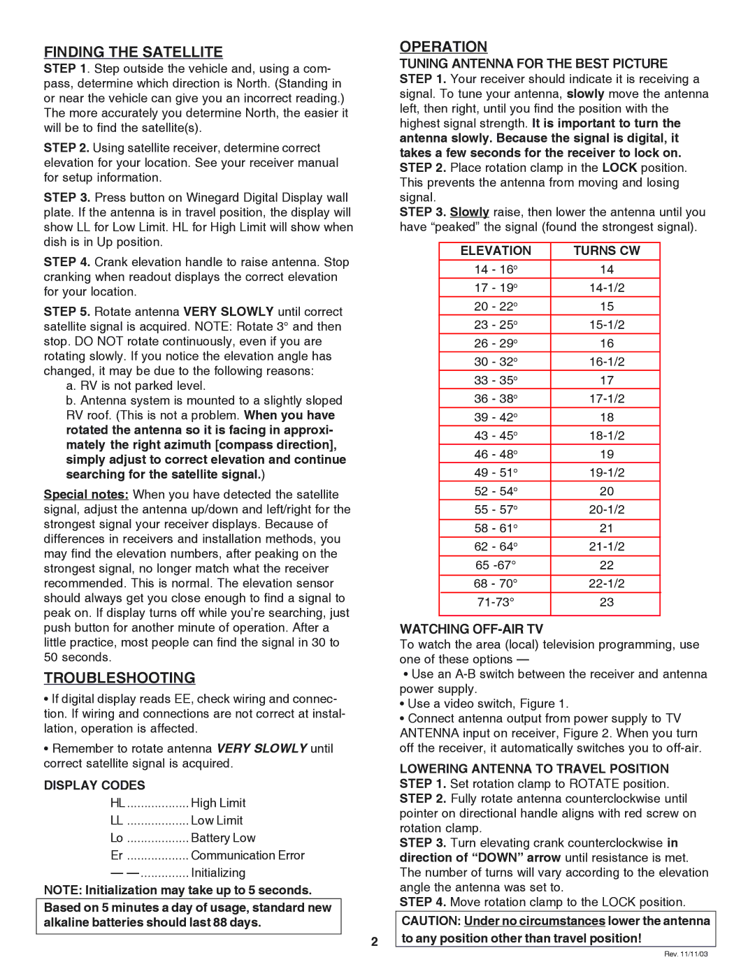 Winegard RM-DM61/DM55 owner manual Finding the Satellite, Troubleshooting, Operation, Tuning Antenna for the Best Picture 