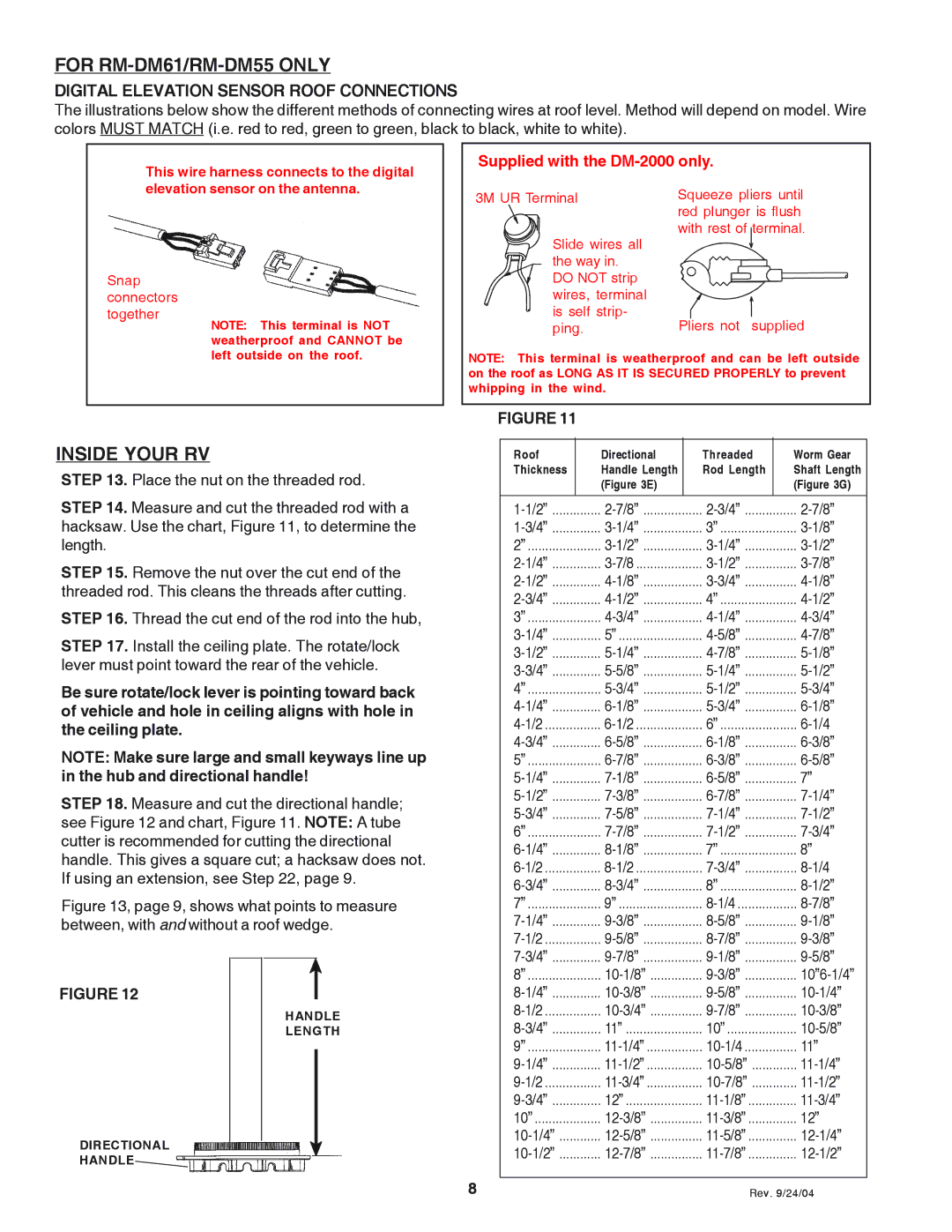 Winegard RM-DM61/DM55 owner manual For RM-DM61/RM-DM55 only, Inside Your RV, Digital Elevation Sensor Roof Connections 