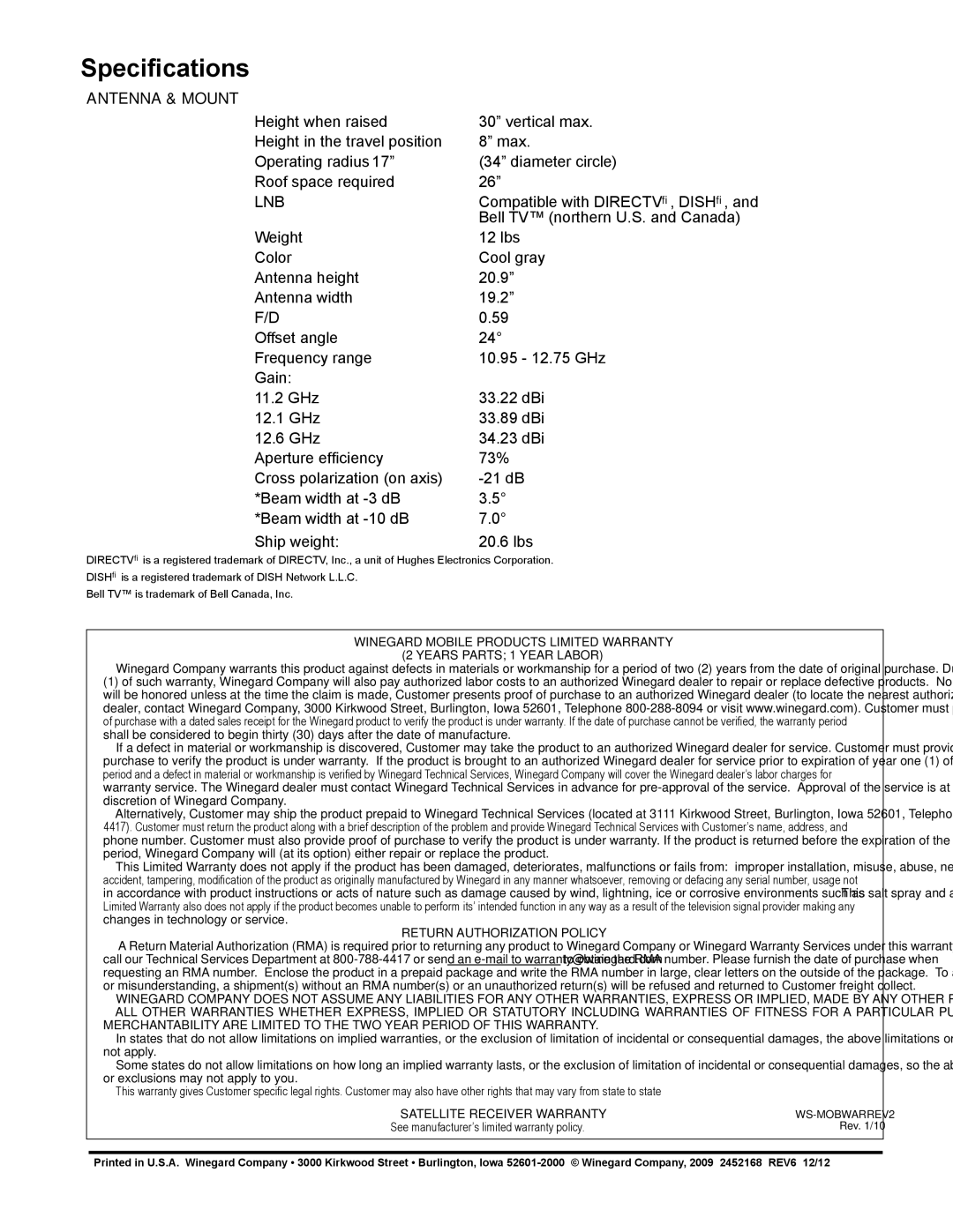 Winegard RM-EX02 manual Specifications, Antenna & Mount, Compatible with Directv , Dish, Bell TV northern U.S. and Canada 