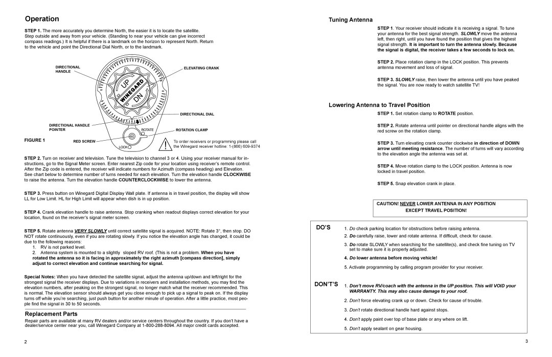 Winegard RM-EX02 manual Operation, Do’S, Except Travel Position 