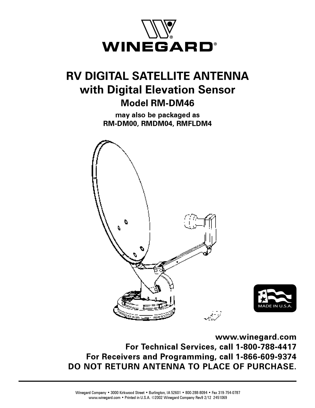 Winegard RMFLDM4, RMDM04, RM-DM00, RM-DM46 manual RV Digital Satellite Antenna, May also be packaged as 