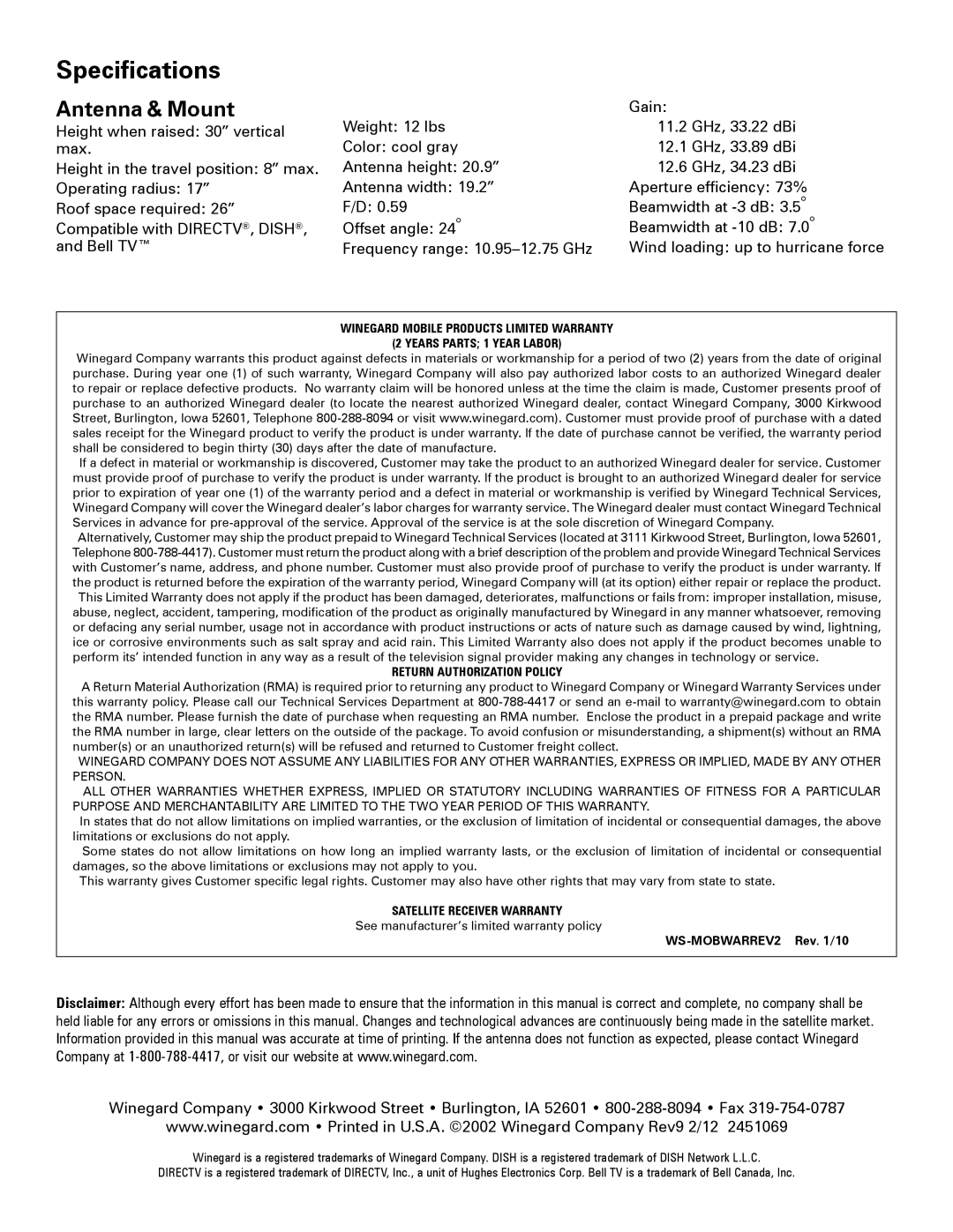 Winegard RM-DM46, RMDM04, RMFLDM4, RM-DM00 manual Specifications, Antenna & Mount 