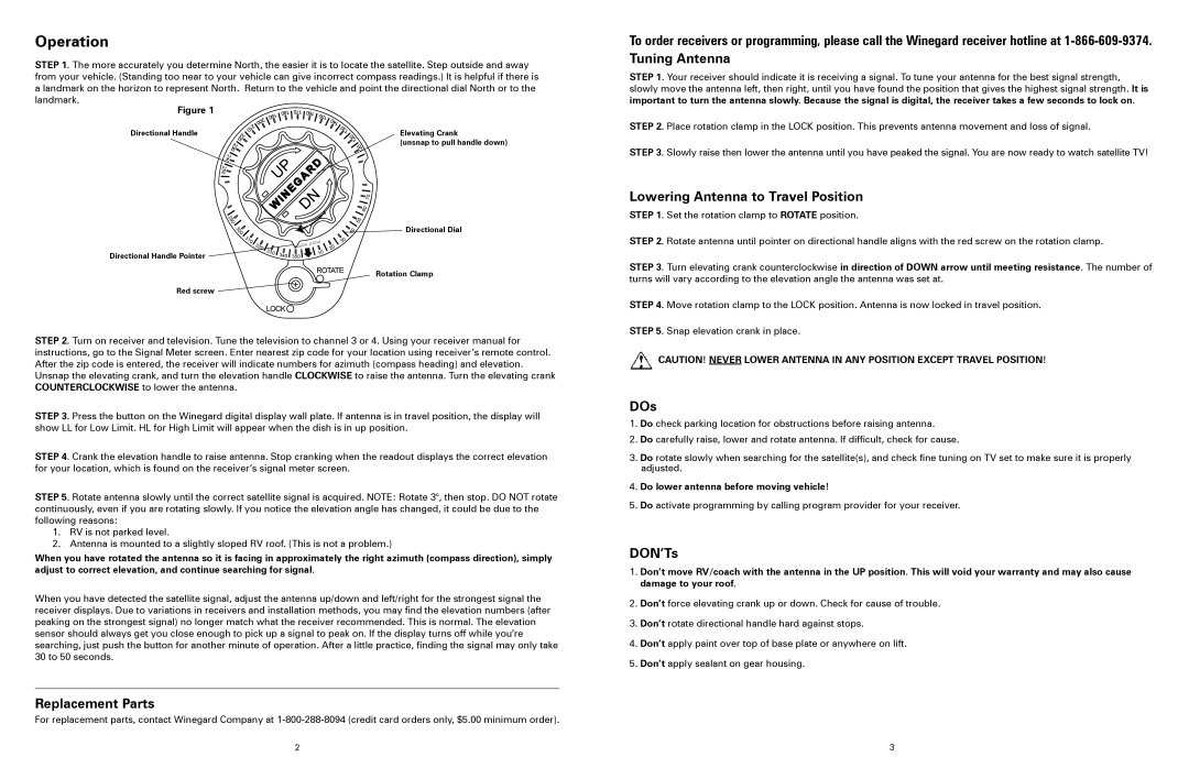 Winegard RM-DM00, RMDM04, RMFLDM4, RM-DM46 Operation, Replacement Parts, Lowering Antenna to Travel Position, DOs, DON’Ts 