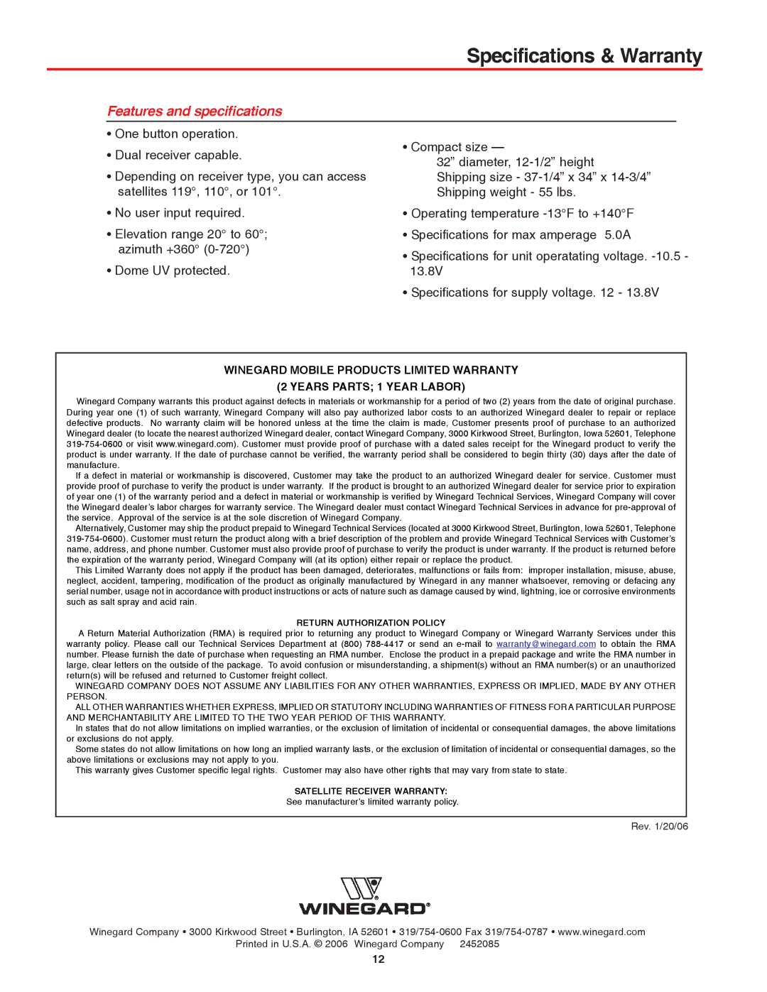 Winegard RoadTrip SDi operation manual Specifications & Warranty, Features and specifications 