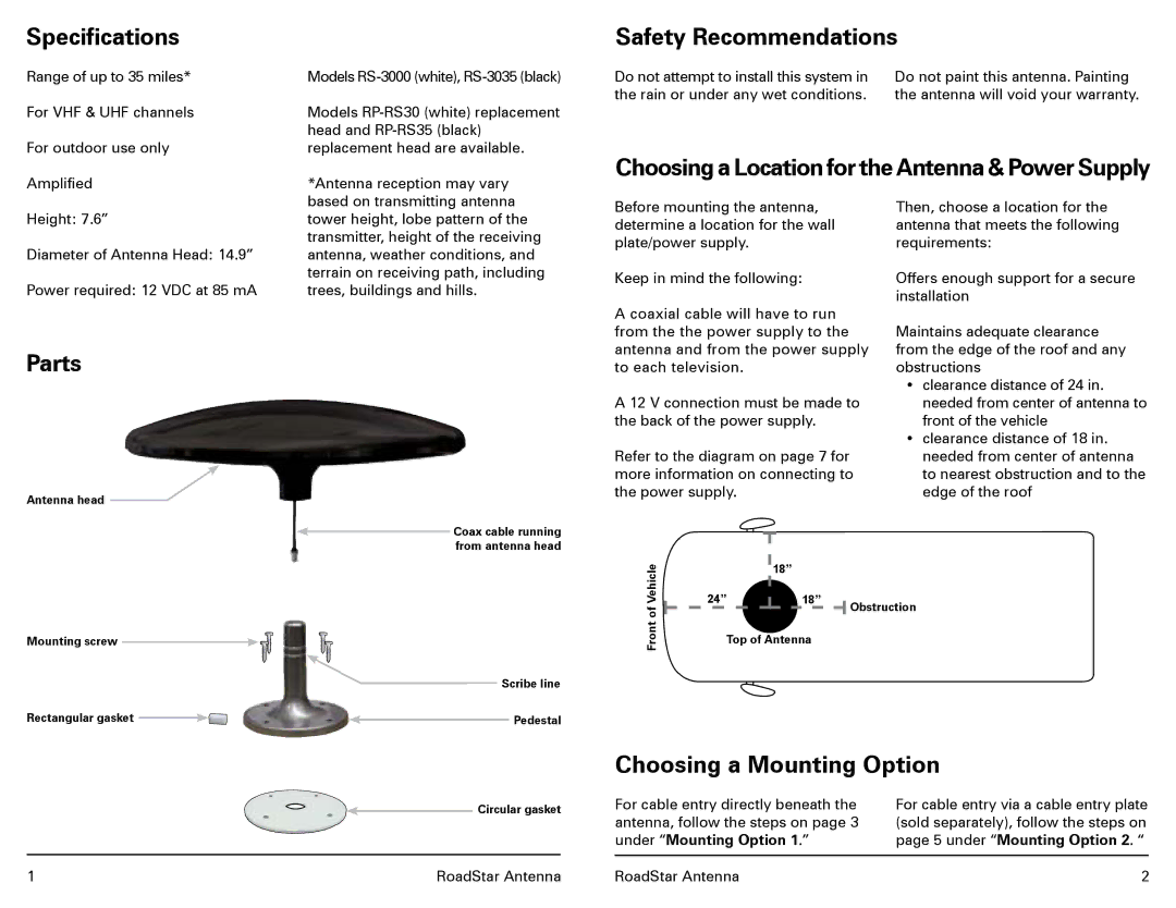 Winegard RS-3035, RP-RS30, RP-RS35, MODELS RS-3000 Specifications, Safety Recommendations, Parts, Choosing a Mounting Option 