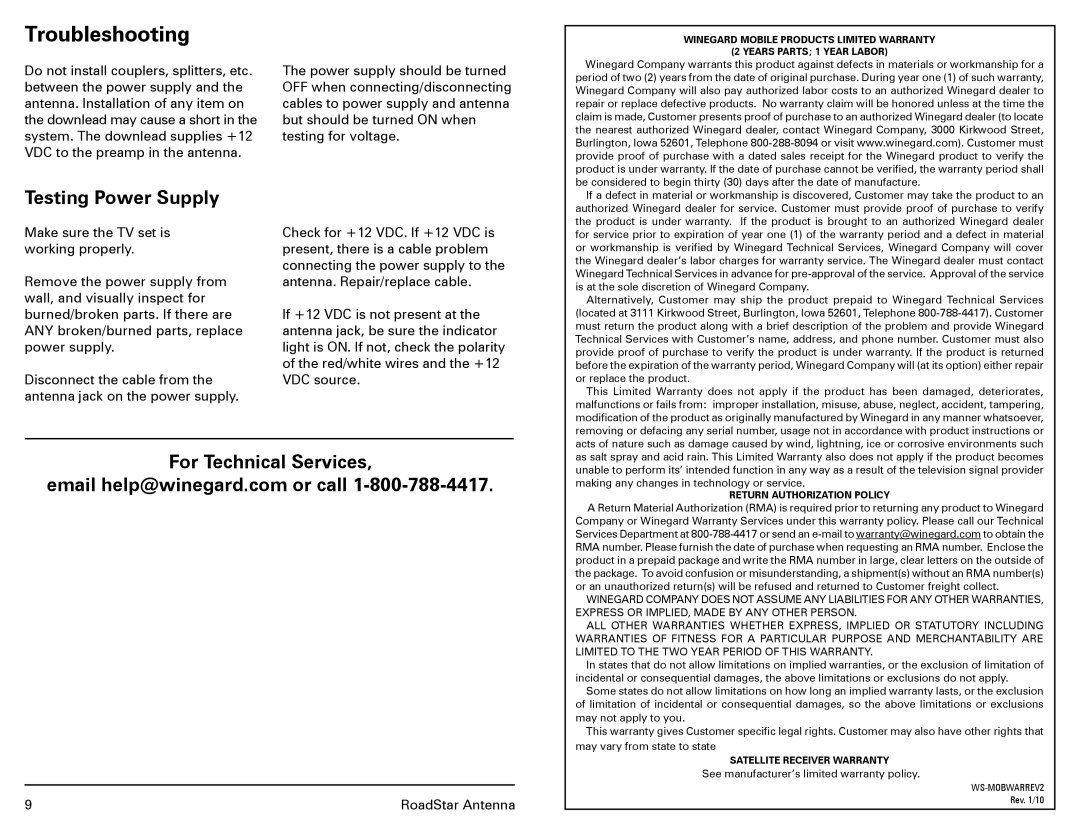 Winegard RS-3035, RP-RS30, RP-RS35, MODELS RS-3000 manual Troubleshooting, Testing Power Supply 