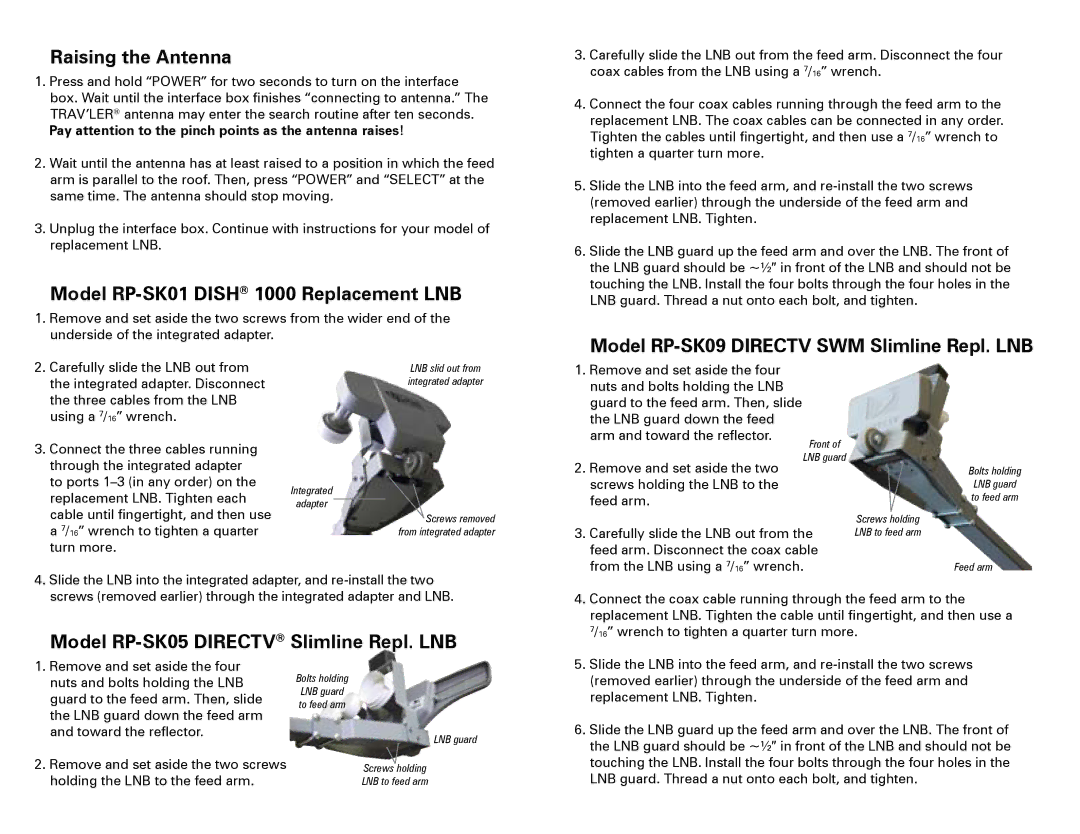 Winegard RP-SK73 Raising the Antenna, Model RP-SK01 Dish 1000 Replacement LNB, Model RP-SK05 Directv Slimline Repl. LNB 