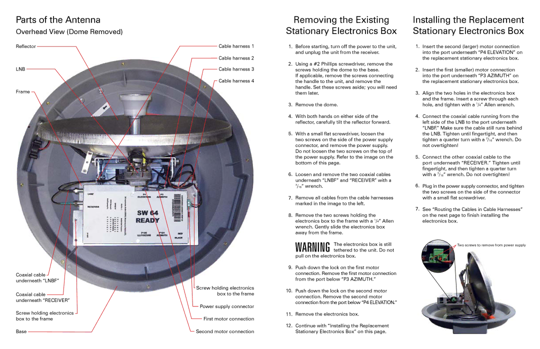 Winegard RP80RTS manual Parts of the Antenna, Removing the Existing Stationary Electronics Box 