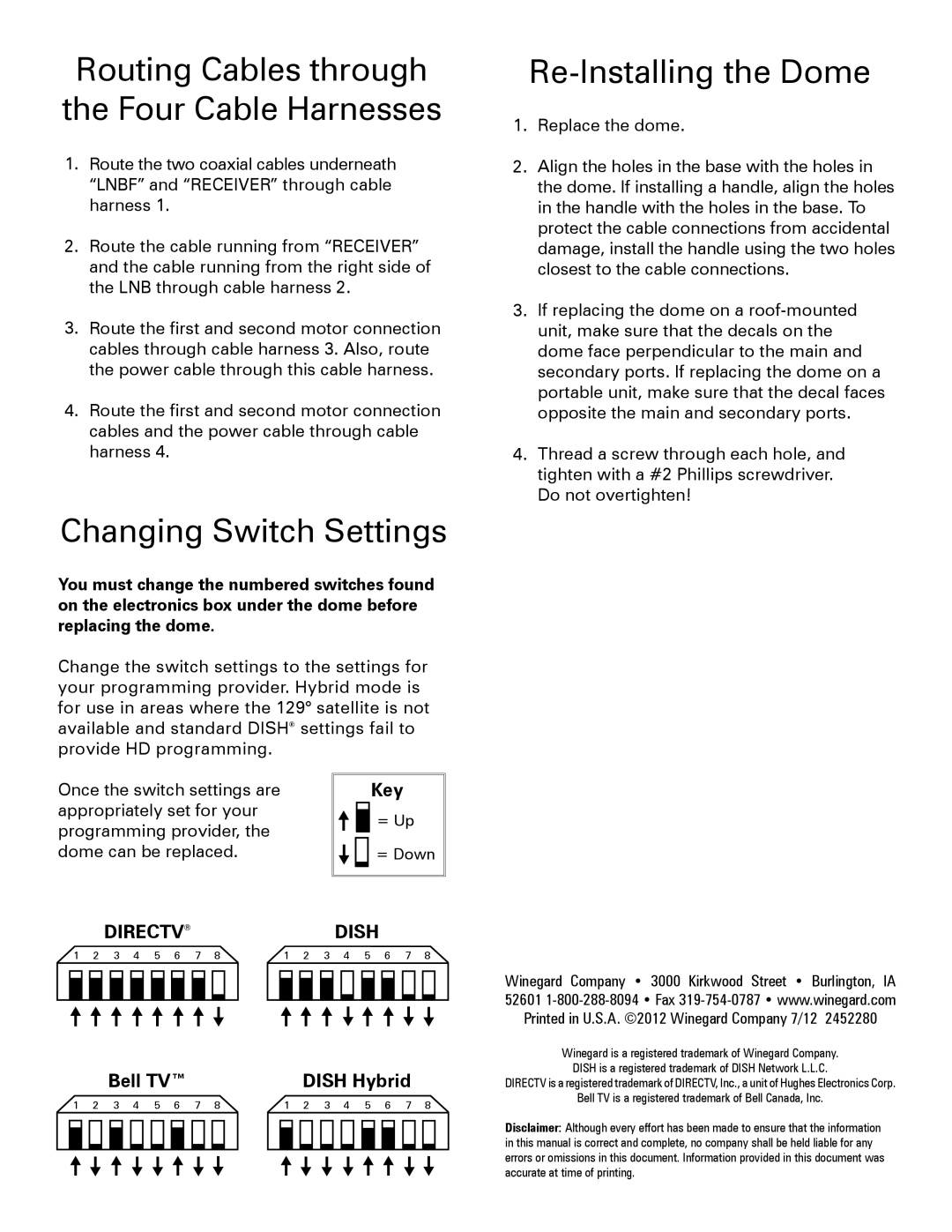 Winegard RP80RTS manual Changing Switch Settings, Re-Installing the Dome 