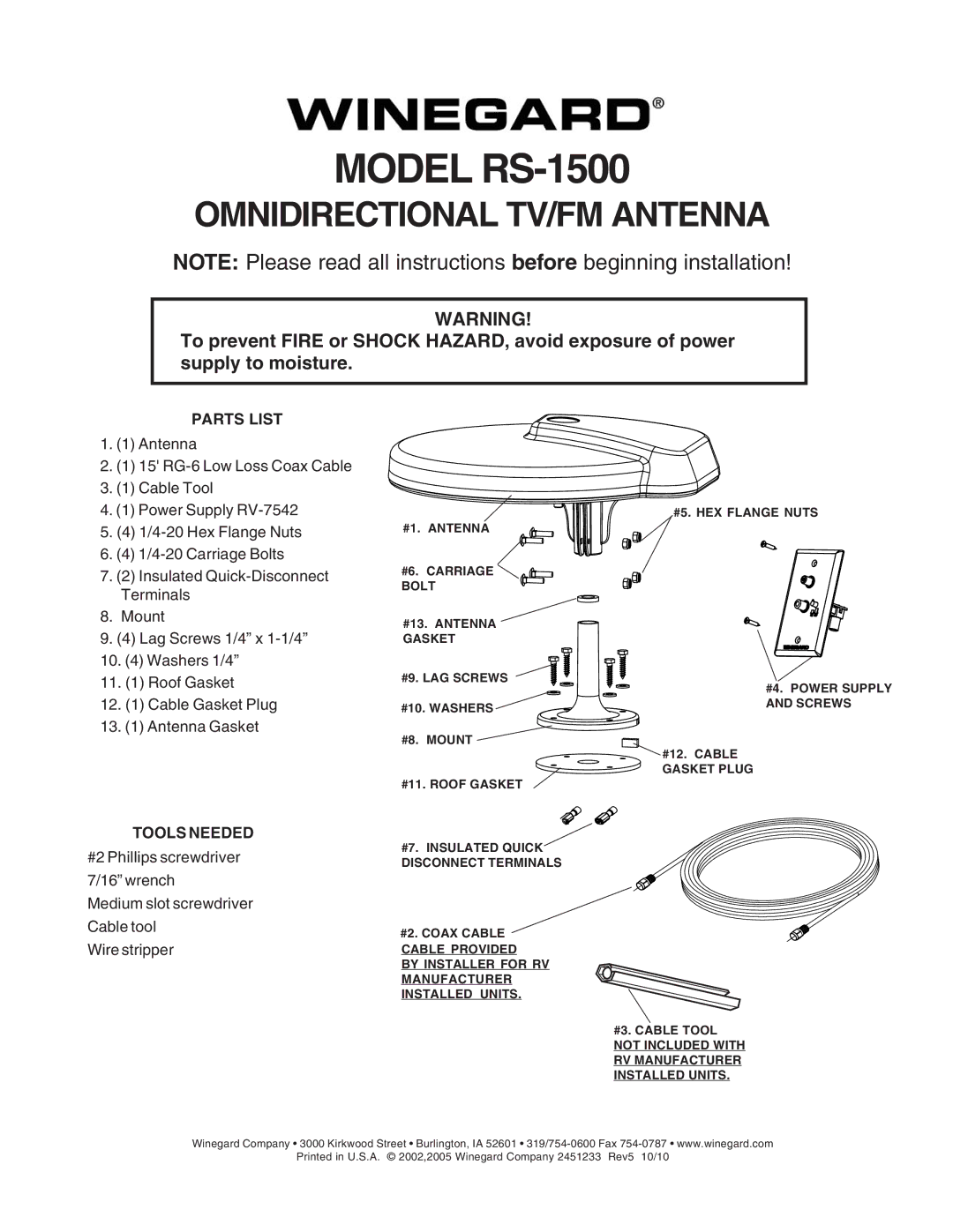 Winegard RS-1500 manual Parts List, Tools Needed 