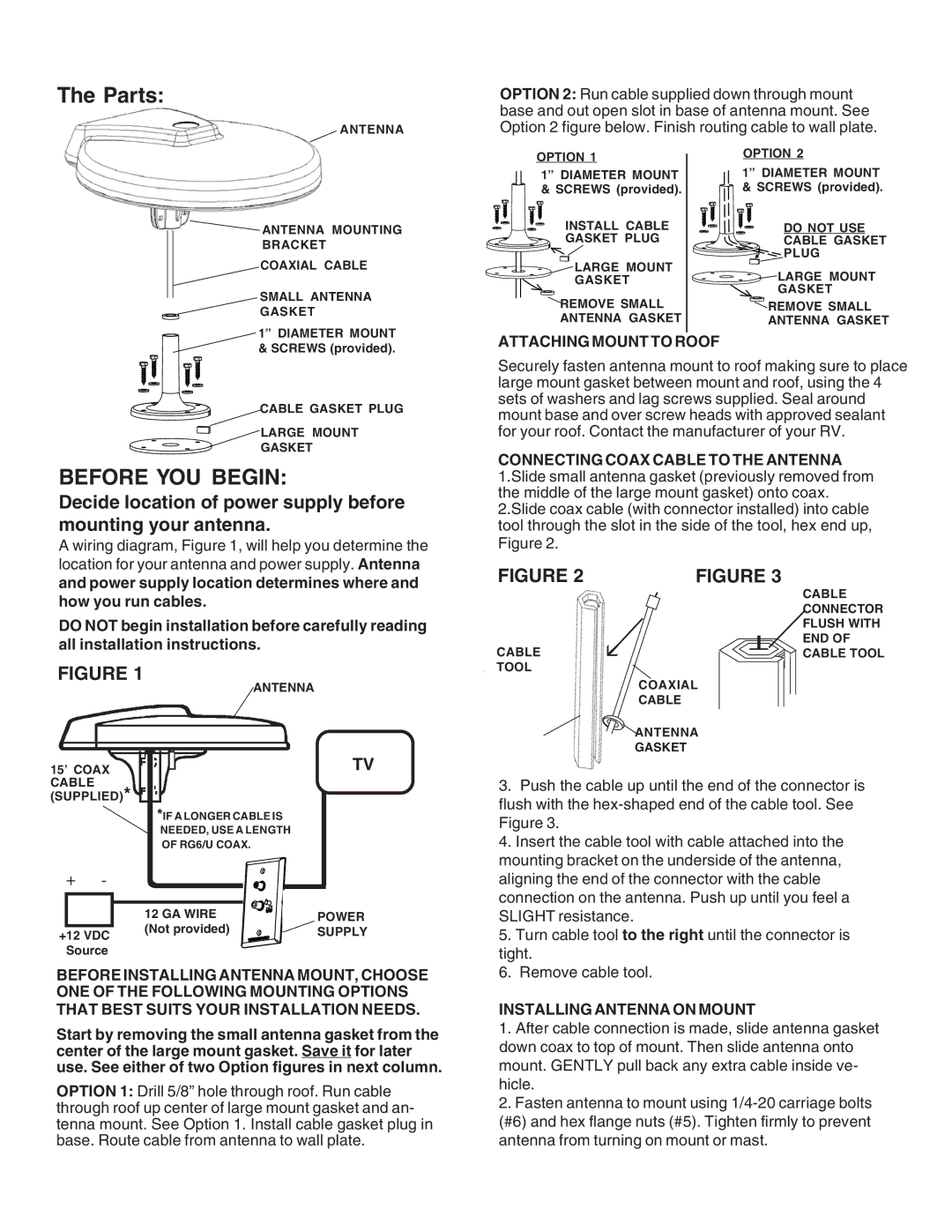 Winegard RS-1500 manual Before YOU Begin, Attaching Mount to Roof, Connecting Coax Cable to the Antenna 