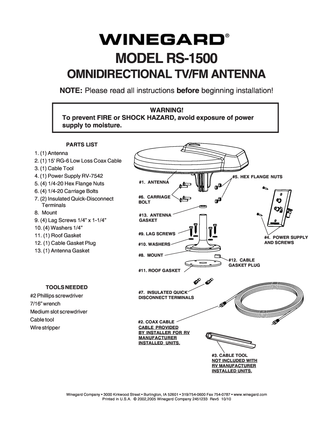 Winegard manual Parts List, Tools Needed, MODEL RS-1500, Omnidirectional Tv/Fm Antenna 