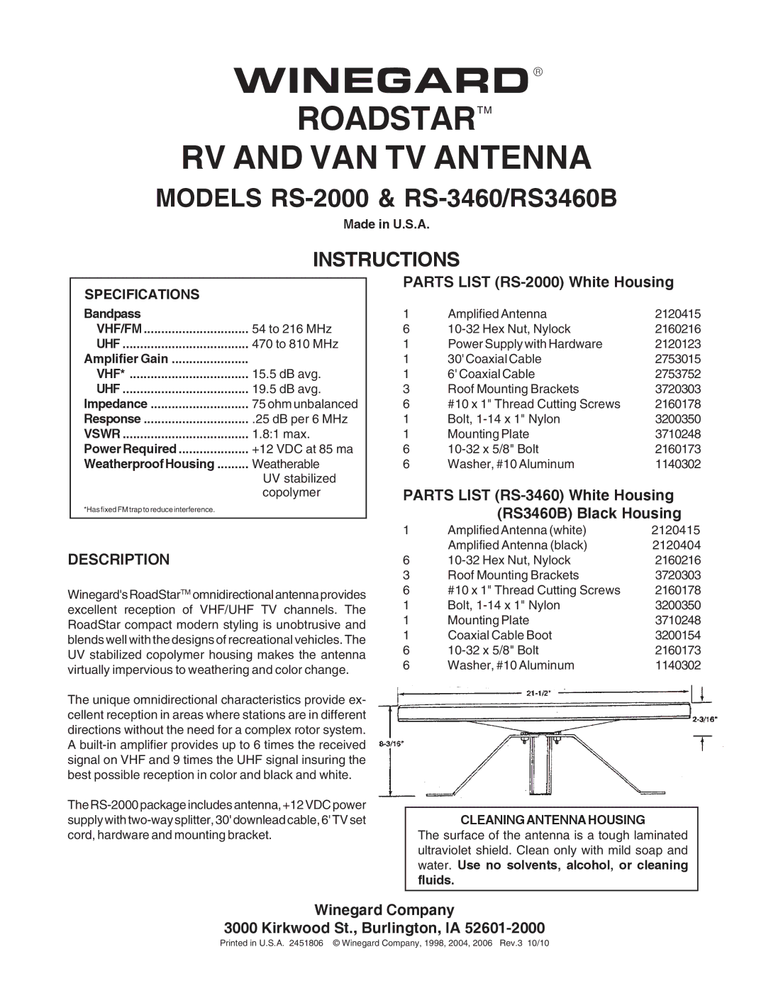 Winegard RS-3460, RS3460B, RS-2000 specifications Description, Specifications 