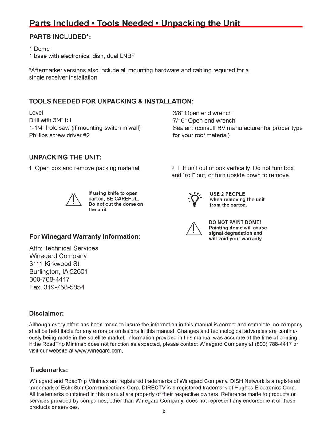 Winegard RTS-80B Parts Included, Tools Needed for Unpacking & Installation, Unpacking the Unit, Disclaimer Trademarks 