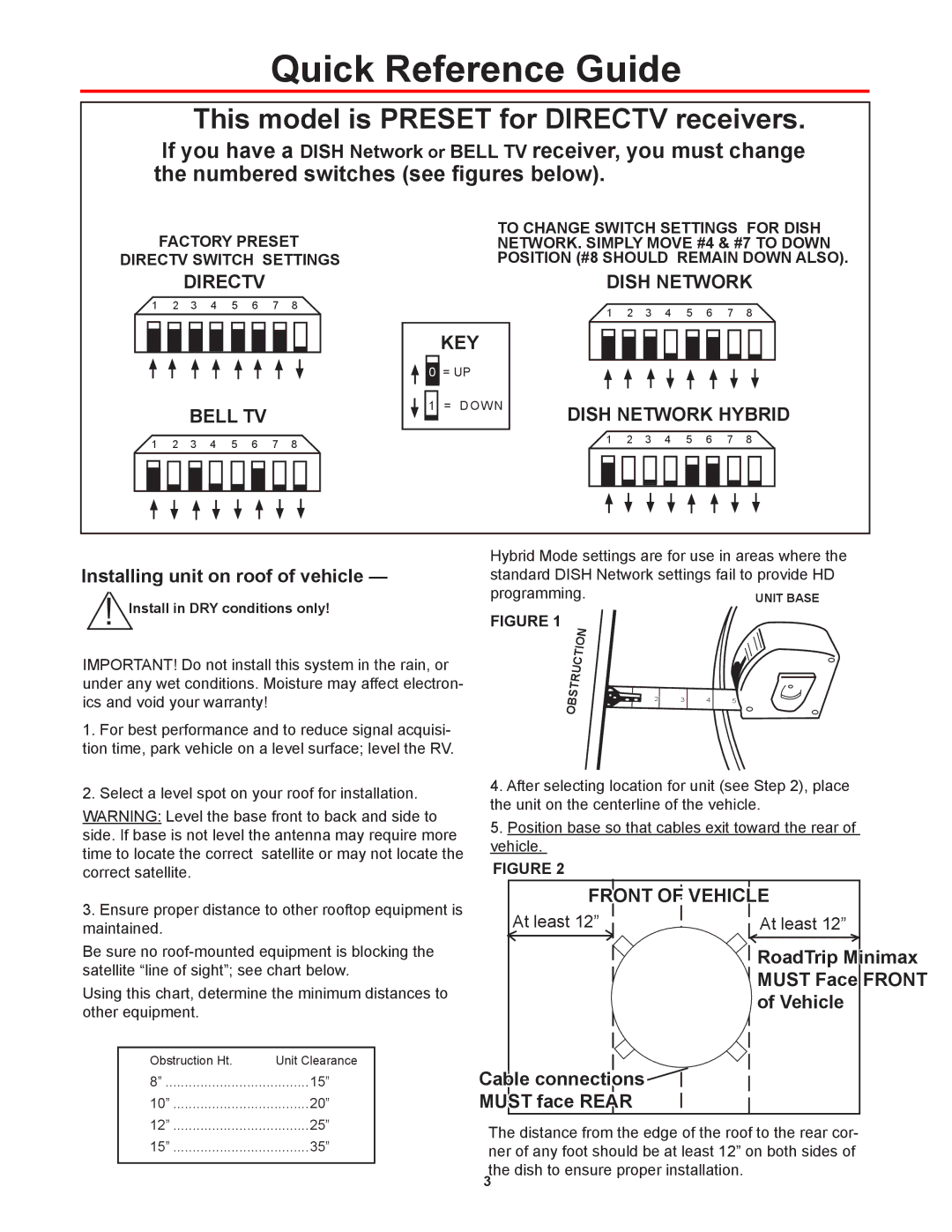 Winegard RTS-80W, RT8035S, RT8000S, RTS-80B manual Directv Dish Network Bell TV KEY, Dish Network Hybrid, Front of Vehicle 