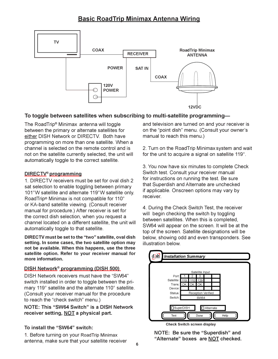Winegard RTS-80B, RT8035S, RT8000S, RTS-80W manual Basic RoadTrip Minimax Antenna Wiring, Directv programming 
