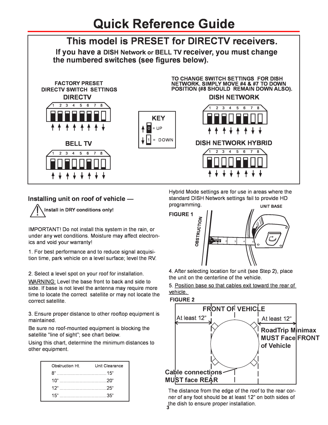 Winegard RTS-80W, RT8035S, RT8000S, RTS-80B manual Quick Reference Guide, This model is PRESET for DIRECTV receivers 