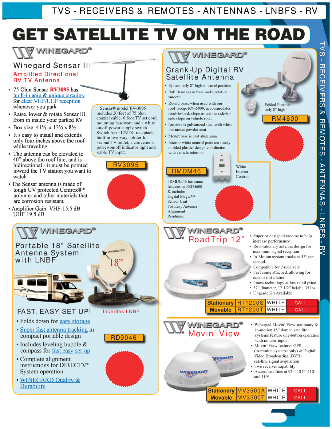 Winegard RM4600 manual Get Satellite Tv On The Road, Tvs - Receivers & Remotes - Antennas - Lnbfs - Rv, Winegard Sensar 