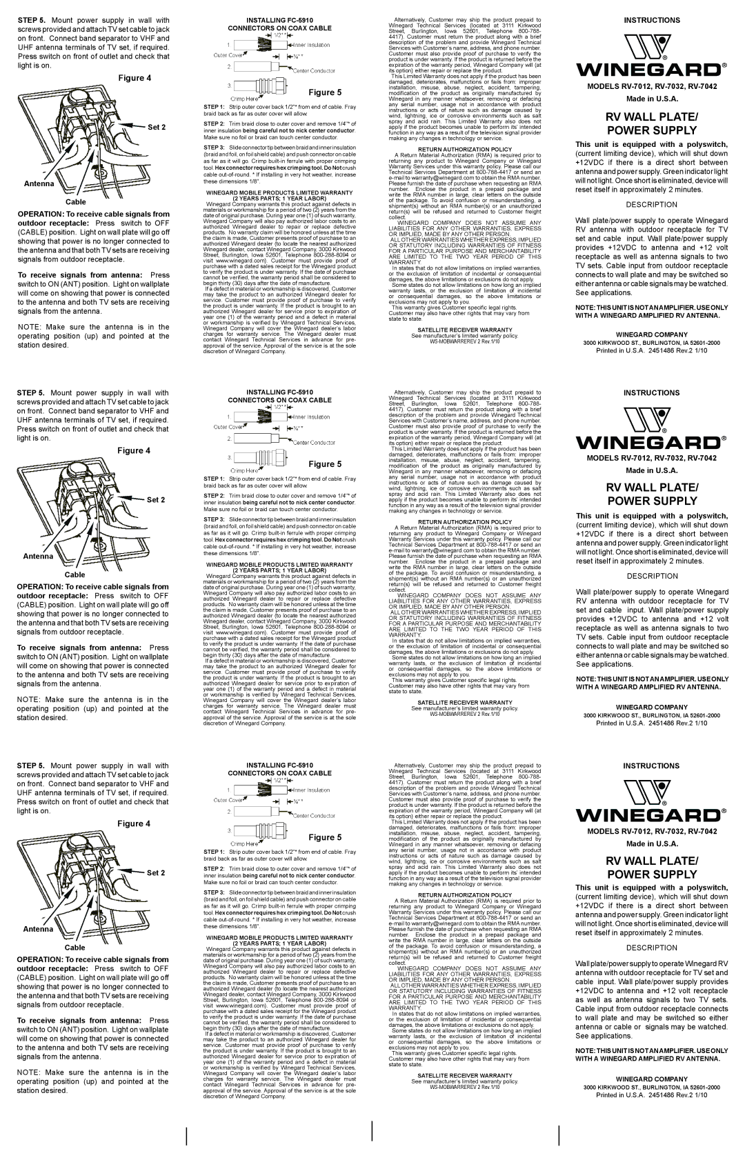 Winegard RV-7032, RV-7042 dimensions RV Wall Plate Power Supply, Set Antenna Cable Operation To receive cable signals from 