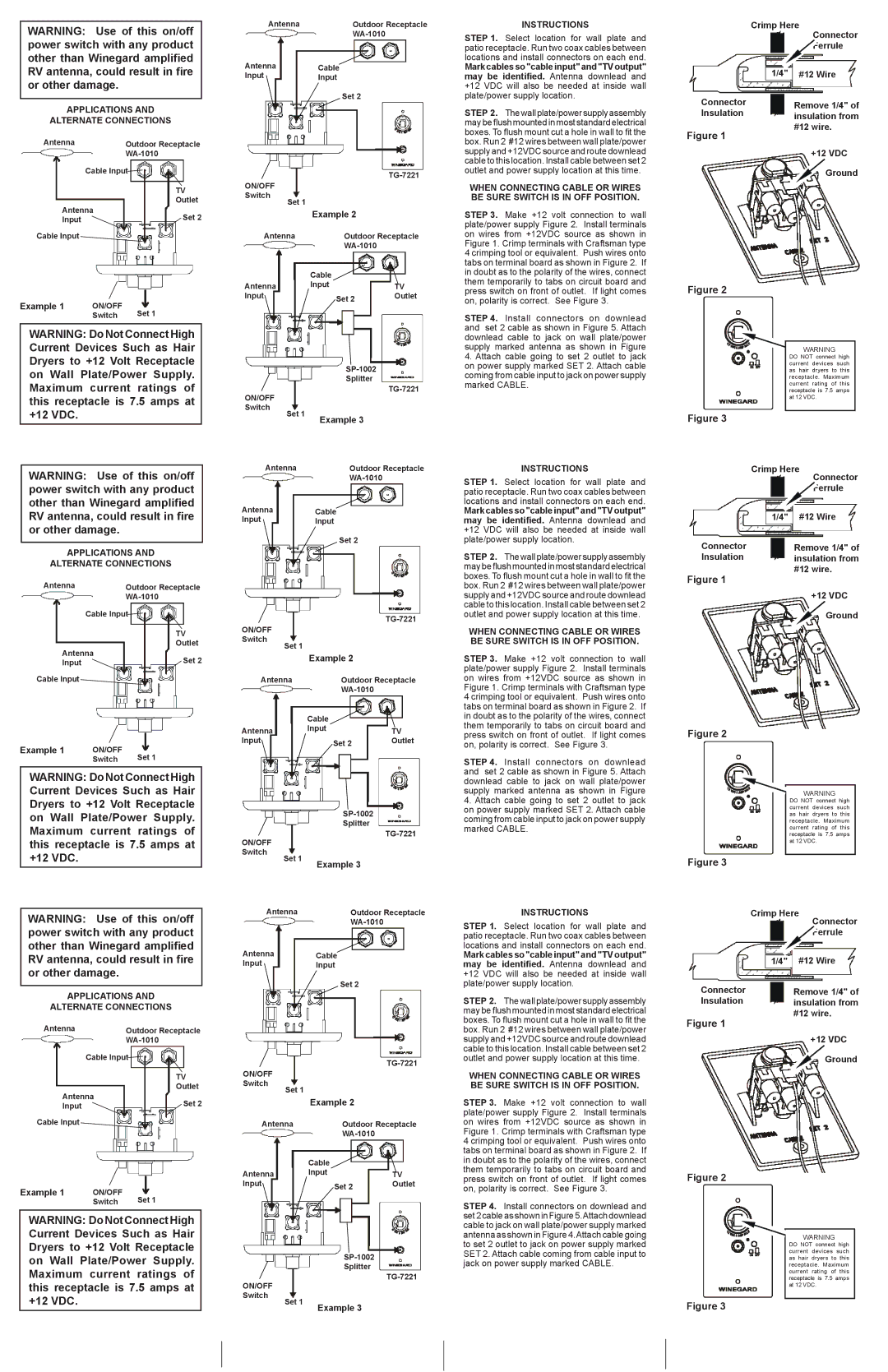 Winegard RV-7012, RV-7042 Example, Crimp Here, Ferrule, #12 Wire, Connector, Insulation, #12 wire +12 VDC Ground 