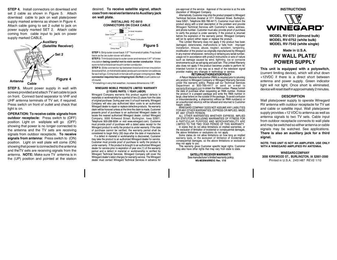 Winegard RV-0751, RV-7542, RV-0752 dimensions Instructions, Description 