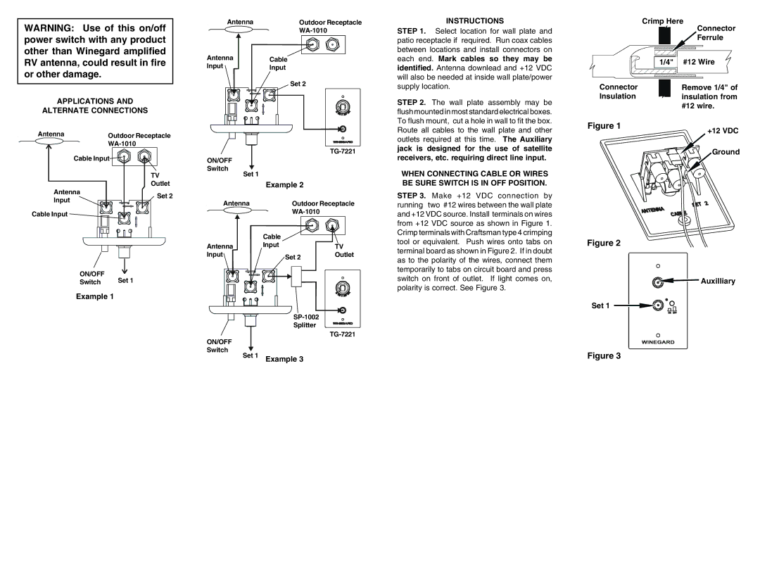 Winegard RV-0752, RV-7542, RV-0751 dimensions Applications Alternate Connections, Set 1 Example, Auxilliary Set, On/Off 