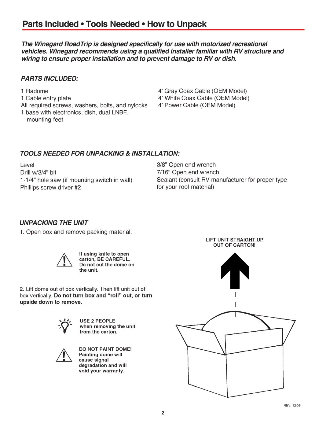 Winegard SDi Parts Included Tools Needed How to Unpack, Tools Needed for Unpacking & Installation, Unpacking the Unit 