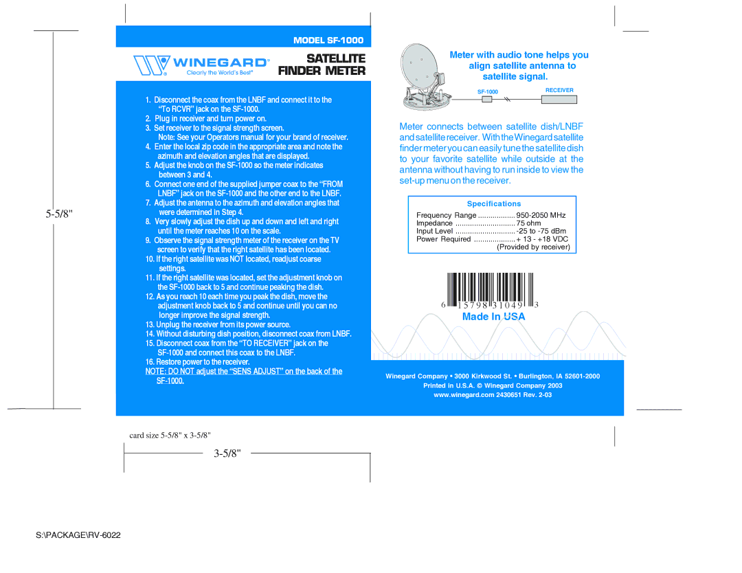 Winegard SF-1000 specifications Satellite, Finder Meter 