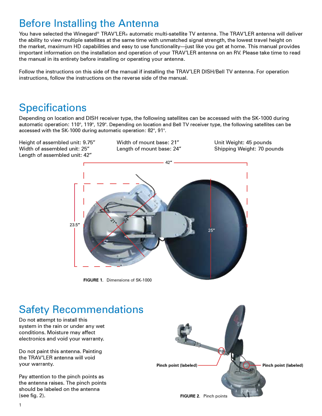 Winegard SK-1000 installation manual Before Installing the Antenna, Specifications, Safety Recommendations 