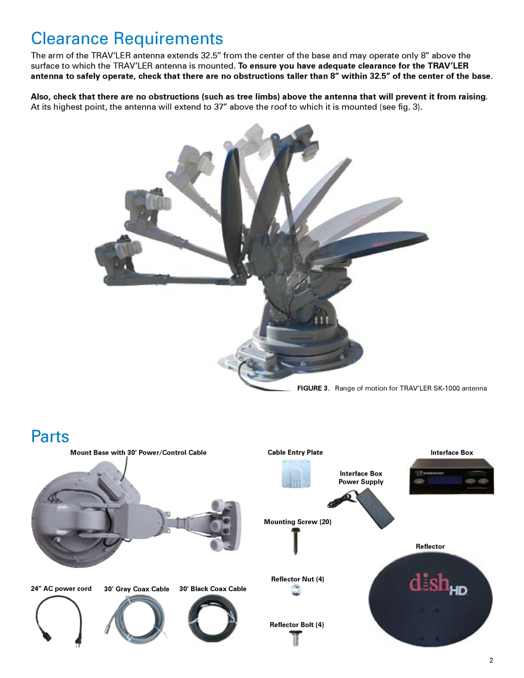 Winegard SK-1000 installation manual Clearance Requirements, Parts 