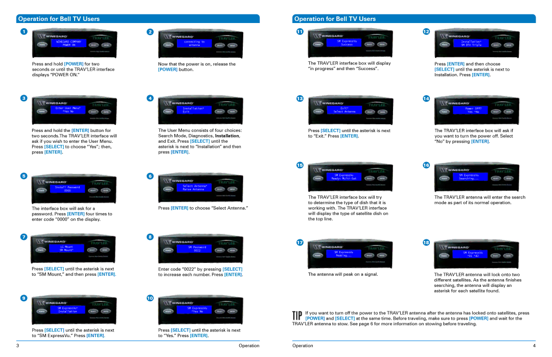 Winegard SK-1000 operation manual Operation for Bell TV Users 