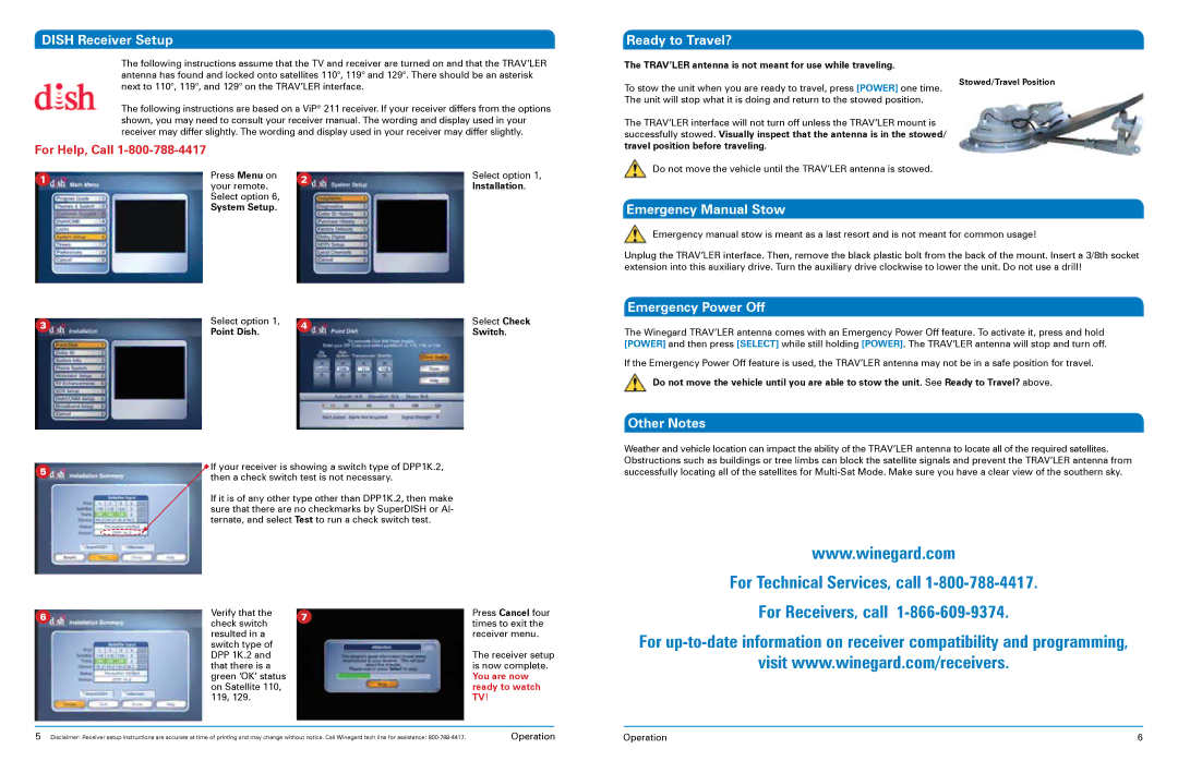 Winegard SK-1000 Dish Receiver Setup, Ready to Travel?, Emergency Manual Stow, Emergency Power Off, Other Notes 